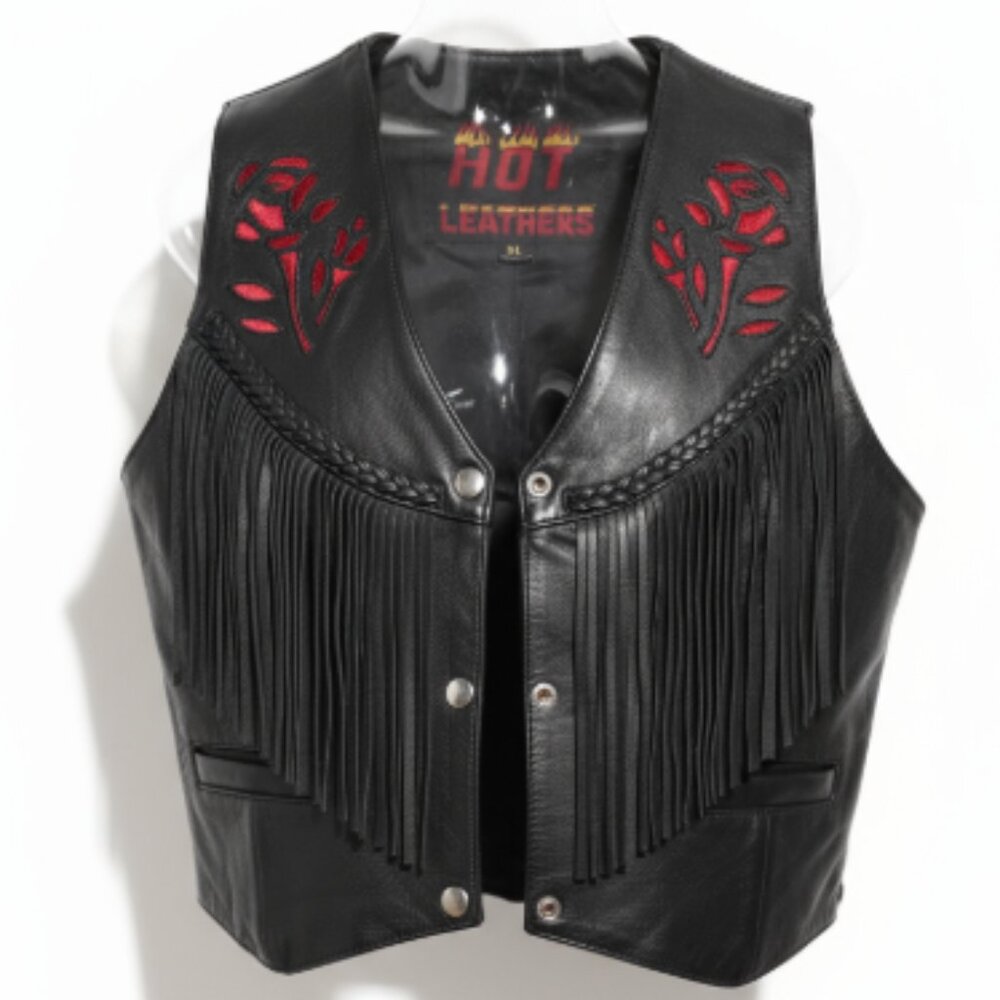 Hot Leathers Womens Fringe Leather Vest M Black Red Rose Lace UP Sides Snaps EUC - Picture 6 of 16